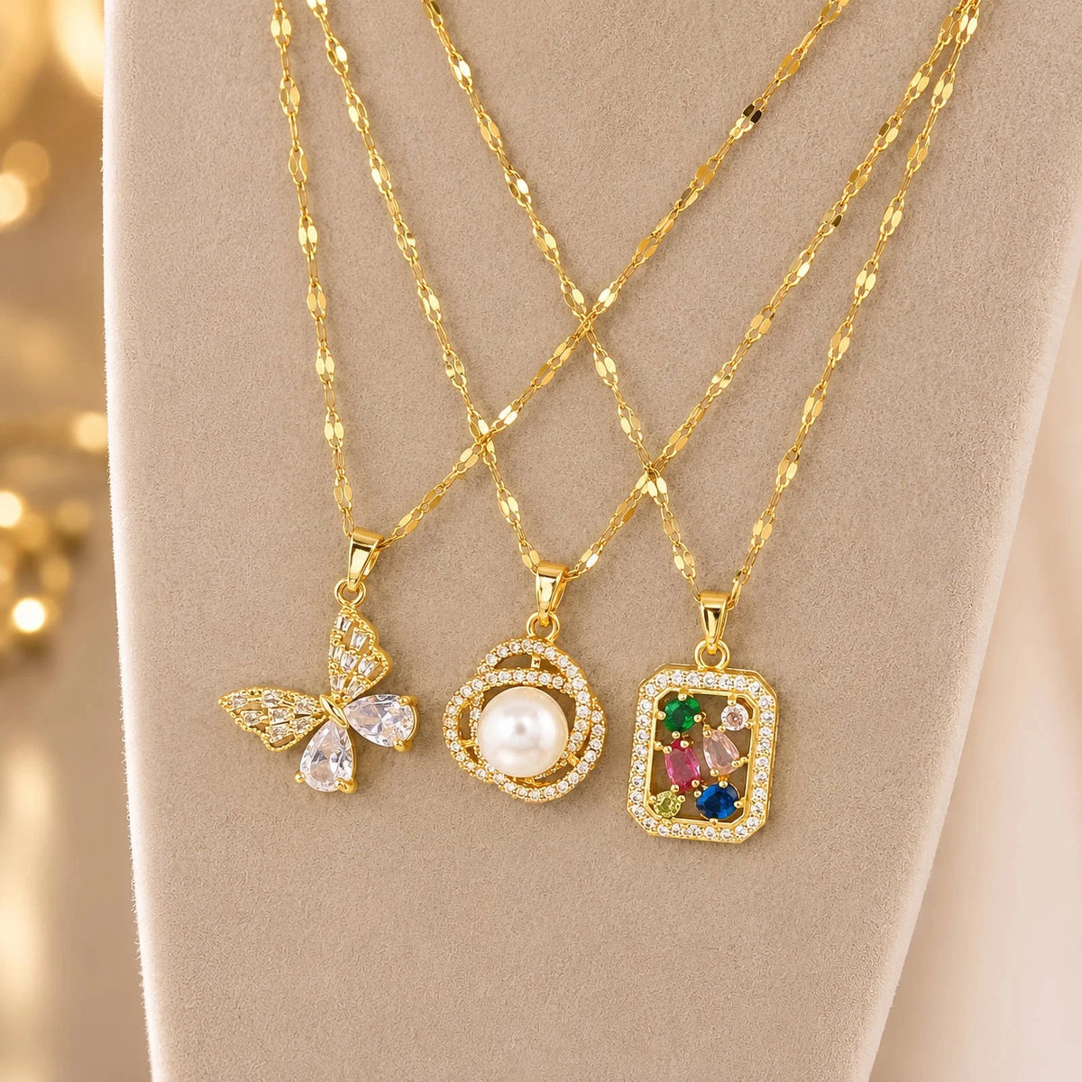 18K GOLD PLATED PEARL HALO CZ PENDANT NECKLACE TITANIUM STEEL ANTI TARNISH GIRLS