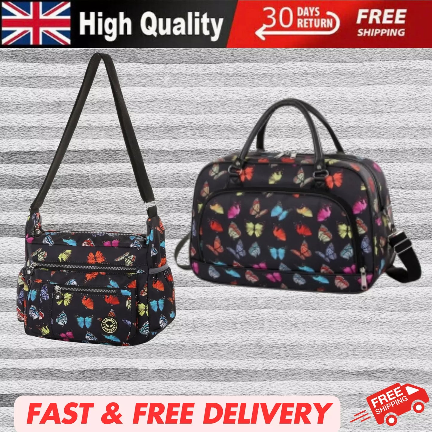BUTTERFLY LIGHTWEIGHT HOLDALL CROSSBODY BAG FOR TRAVEL, GYM, WEEKEND – UK STOCK