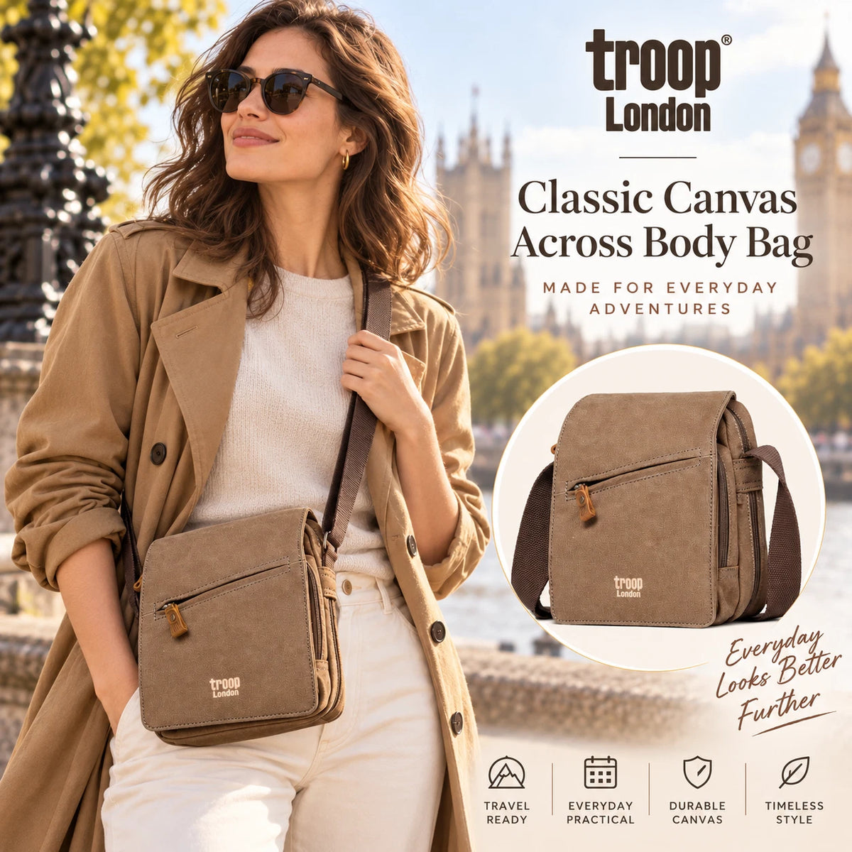 TROOP LONDON TRP0239 CLASSIC CANVAS CROSSBODY SHOULDER BAG UNISEX