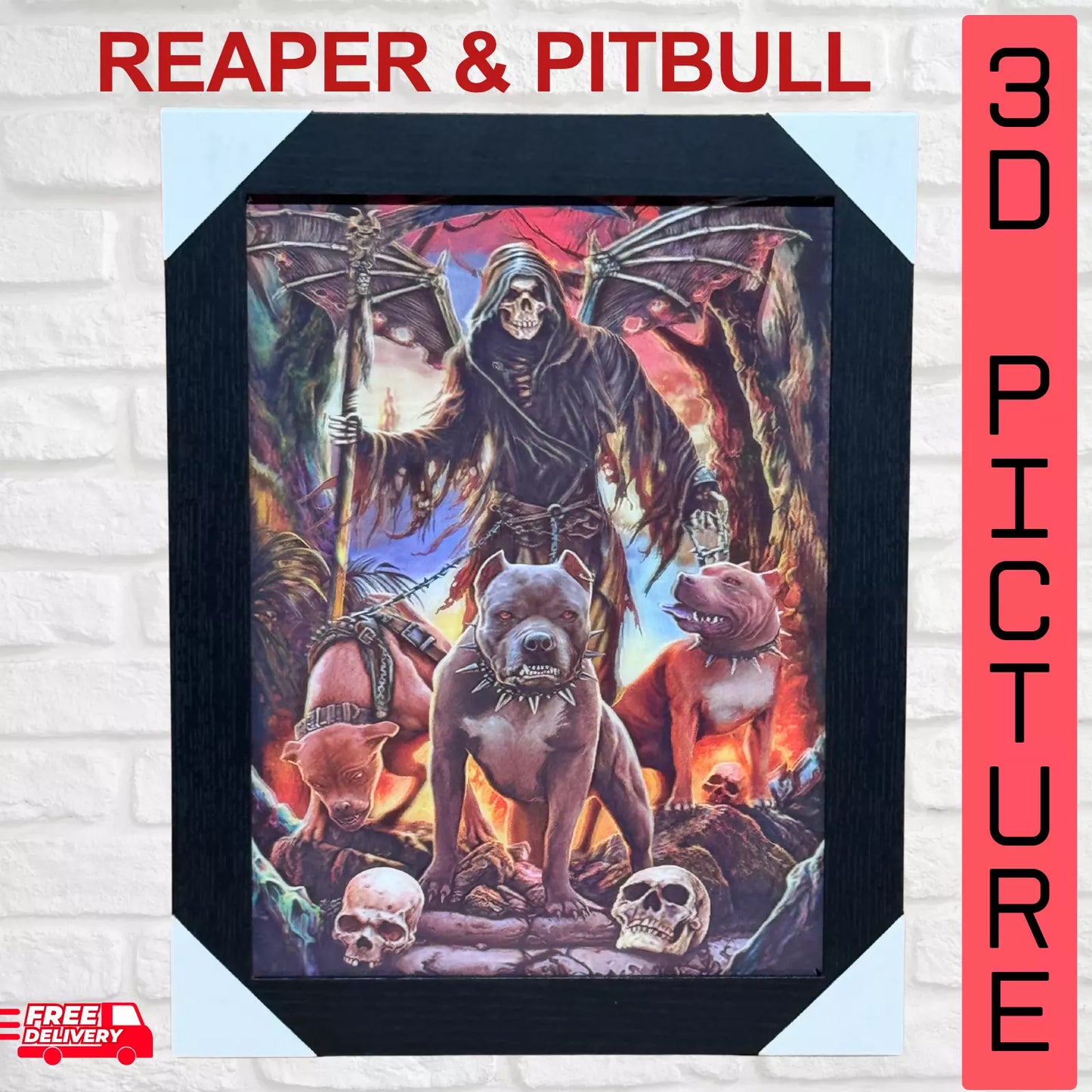 REAPER & PITBULLS - GOTHIC 3D LIMITED EDITION FRAMED PICTURE WALL ART - UK STOCK