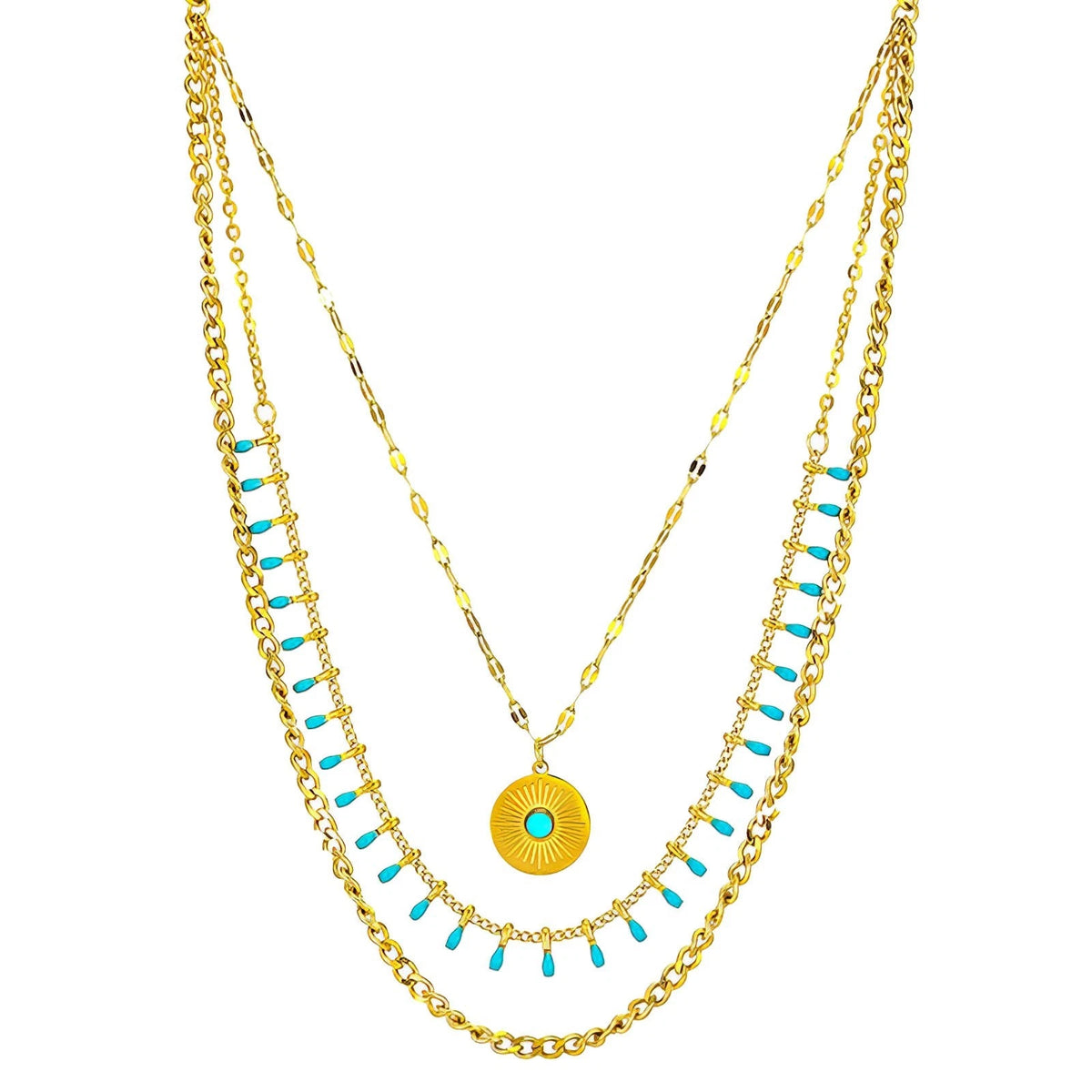 18K GOLD PLATED TITANIUM STEEL TURQUOISE LAYERED LADIES NECKLACE WATERPROOF UK
