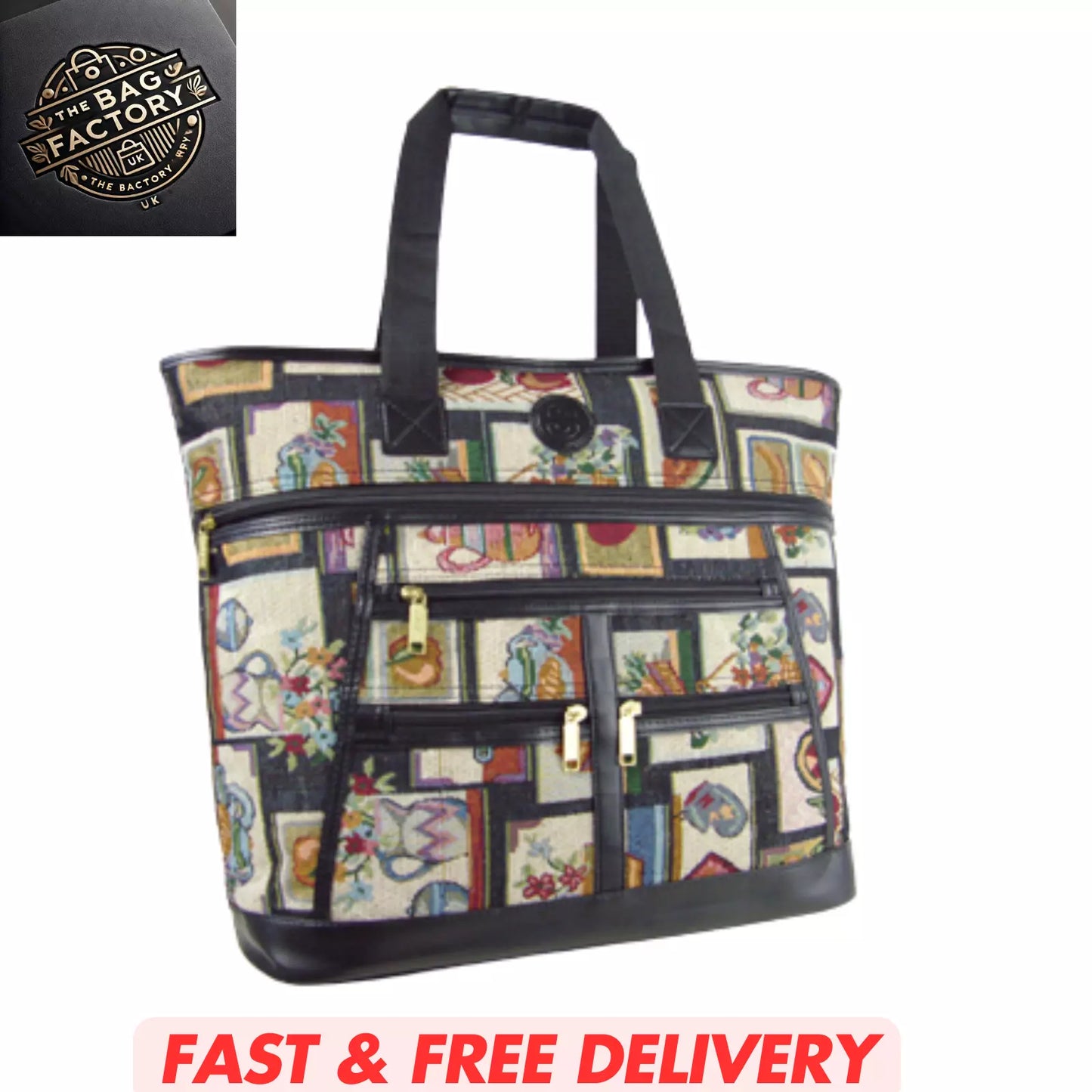 LARGE TAPESTRY SHOPPING BAG WITH ZIP MAIN COMPARTMENT MULTIPLE POCKETS SH104 UK STOCK