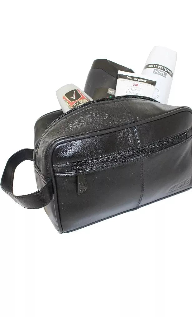 JCB Black Genuine Leather Travel Wash Bag - Zipped Travel Bags for Men Travel UK STOCK