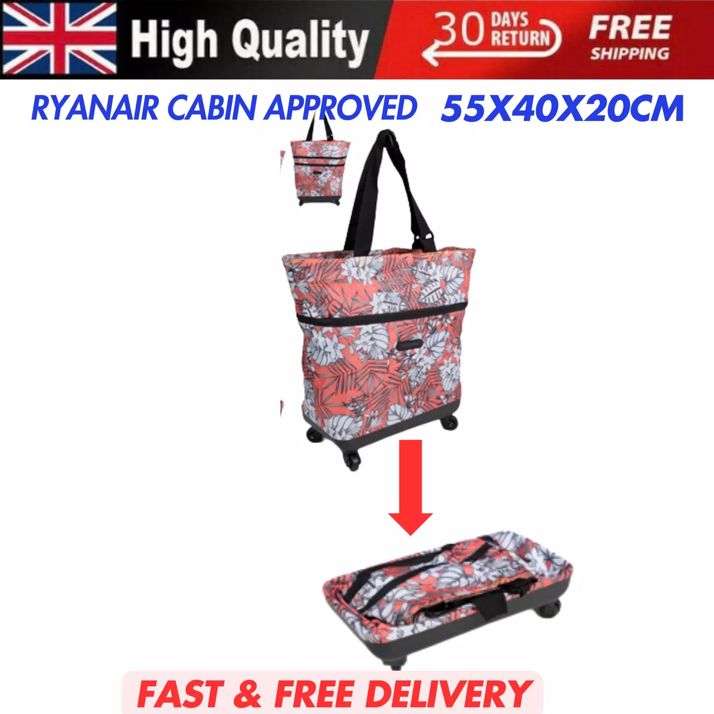 EXPANDABLE CABIN LARGE WHEELED HOLDALL TROLLEY BAG HAND LUGGAGE CARRY RYANAIR UK