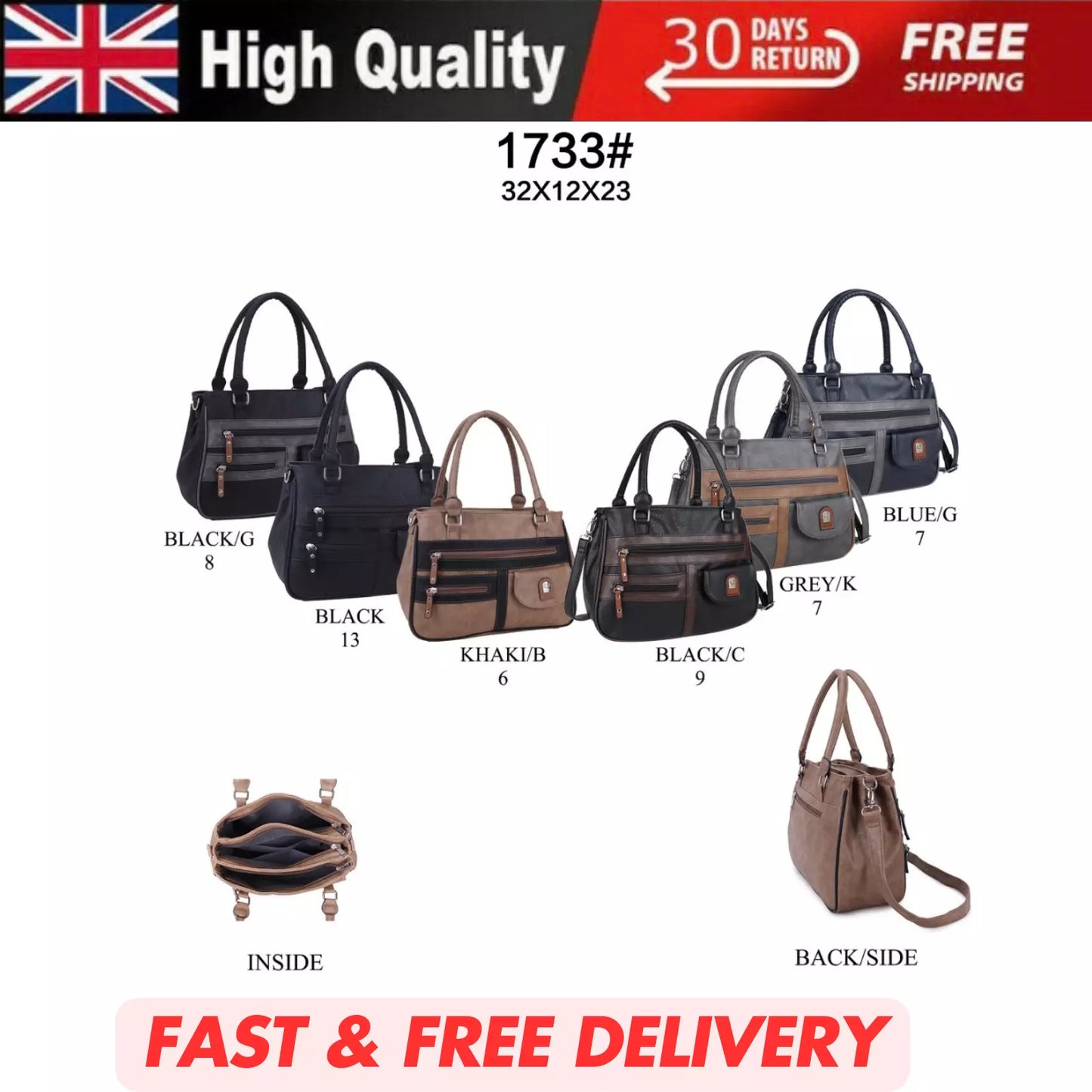 WOMEN'S VEGAN SOFT LEATHER VINTAGE HANDBAG SHOULDER BAG MULTI POCKETS & DURABLE BAG UK STOCK