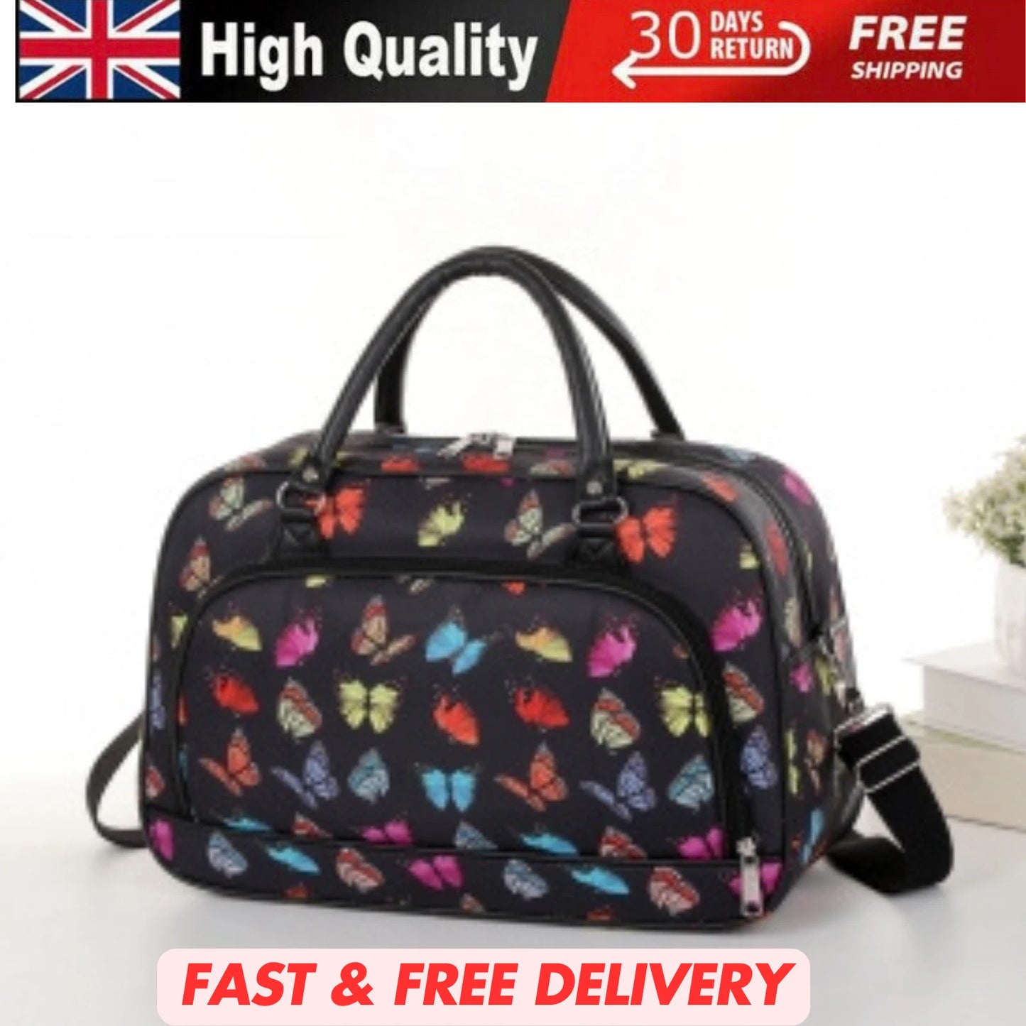 BUTTERFLY LIGHTWEIGHT HOLDALL CROSSBODY BAG FOR TRAVEL, GYM, WEEKEND – UK STOCK
