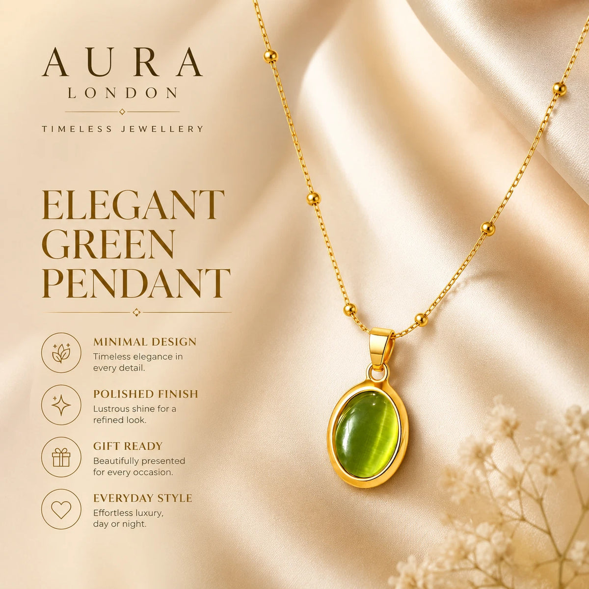 18K GOLD PLATED STAINLESS STEEL LADIES GREEN OVAL PENDANT NECKLACE WATERPROOF UK