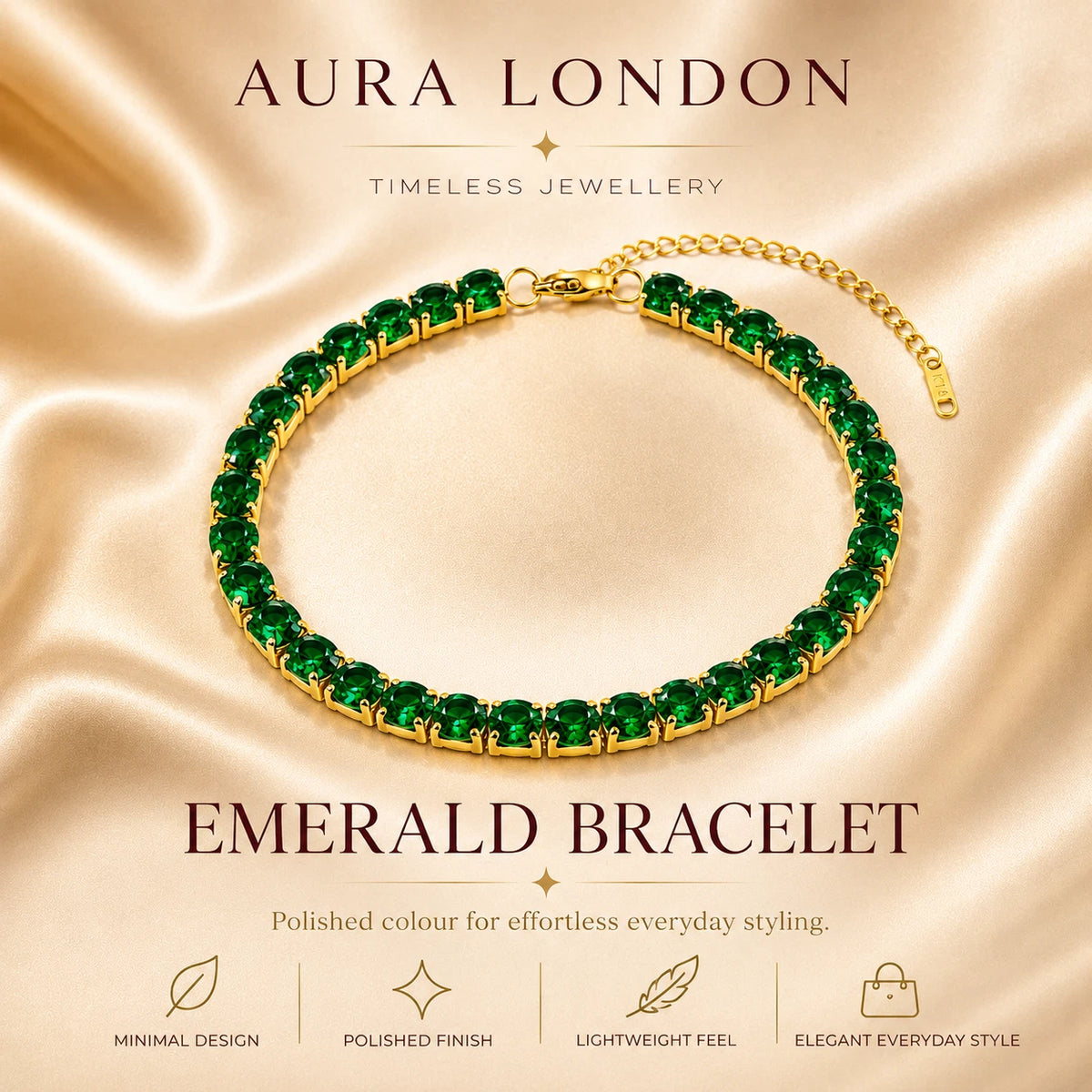 18K GOLD PLATED TITANIUM STEEL LADIES GREEN CZ TENNIS BRACELET ADJUSTABLE GIFT