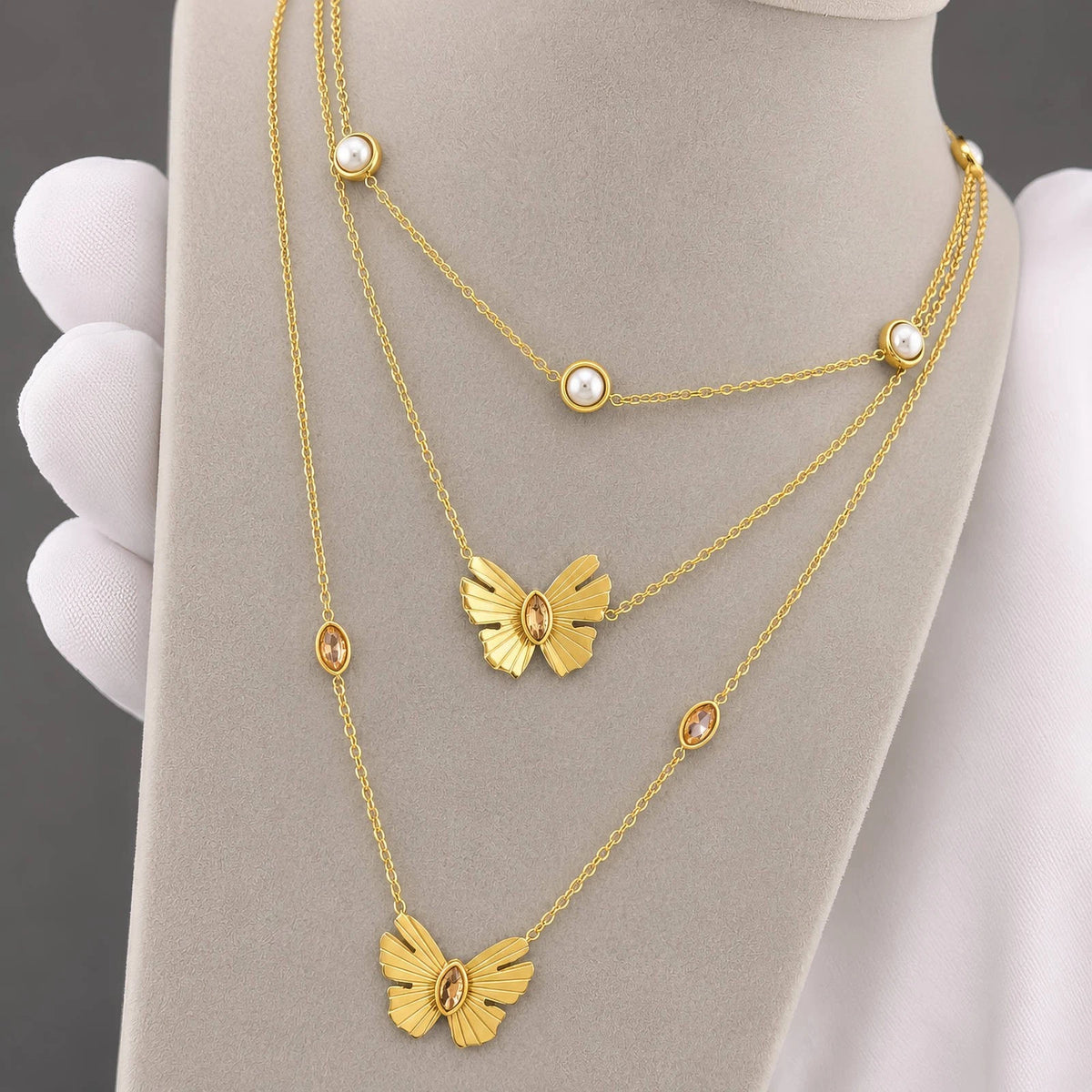 18K GOLD PLATED STAINLESS STEEL IMITATION PEARL STATION NECKLACE LADIES GIFT UK