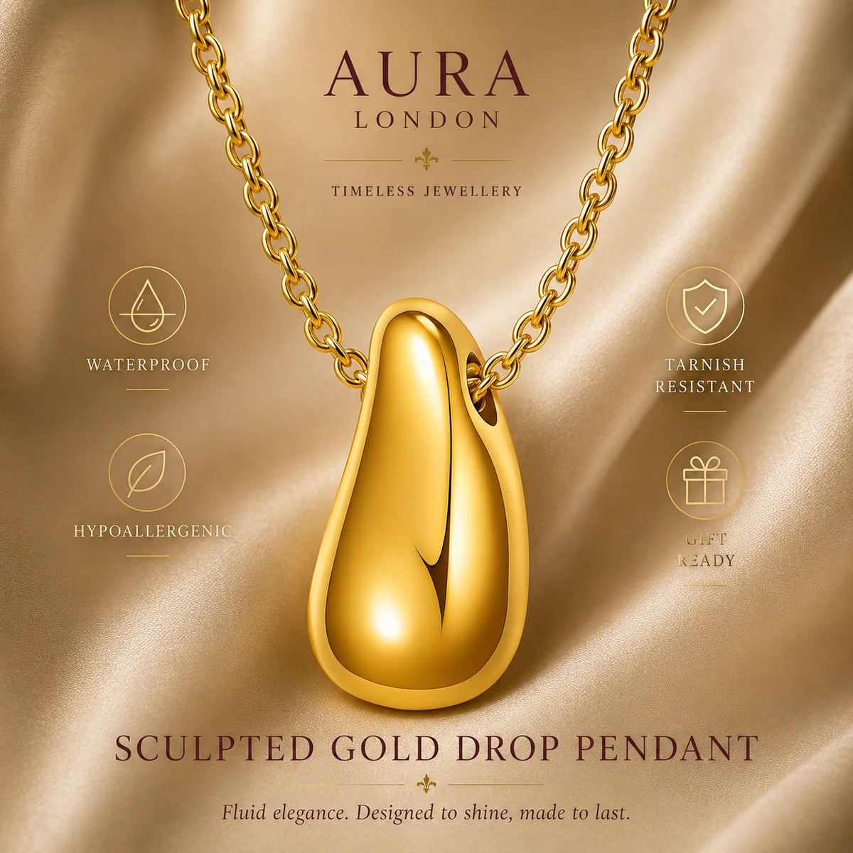 18K GOLD PLATED DROP PENDANT NECKLACE LADIES TITANIUM STEEL ANTI TARNISH GIFT UK