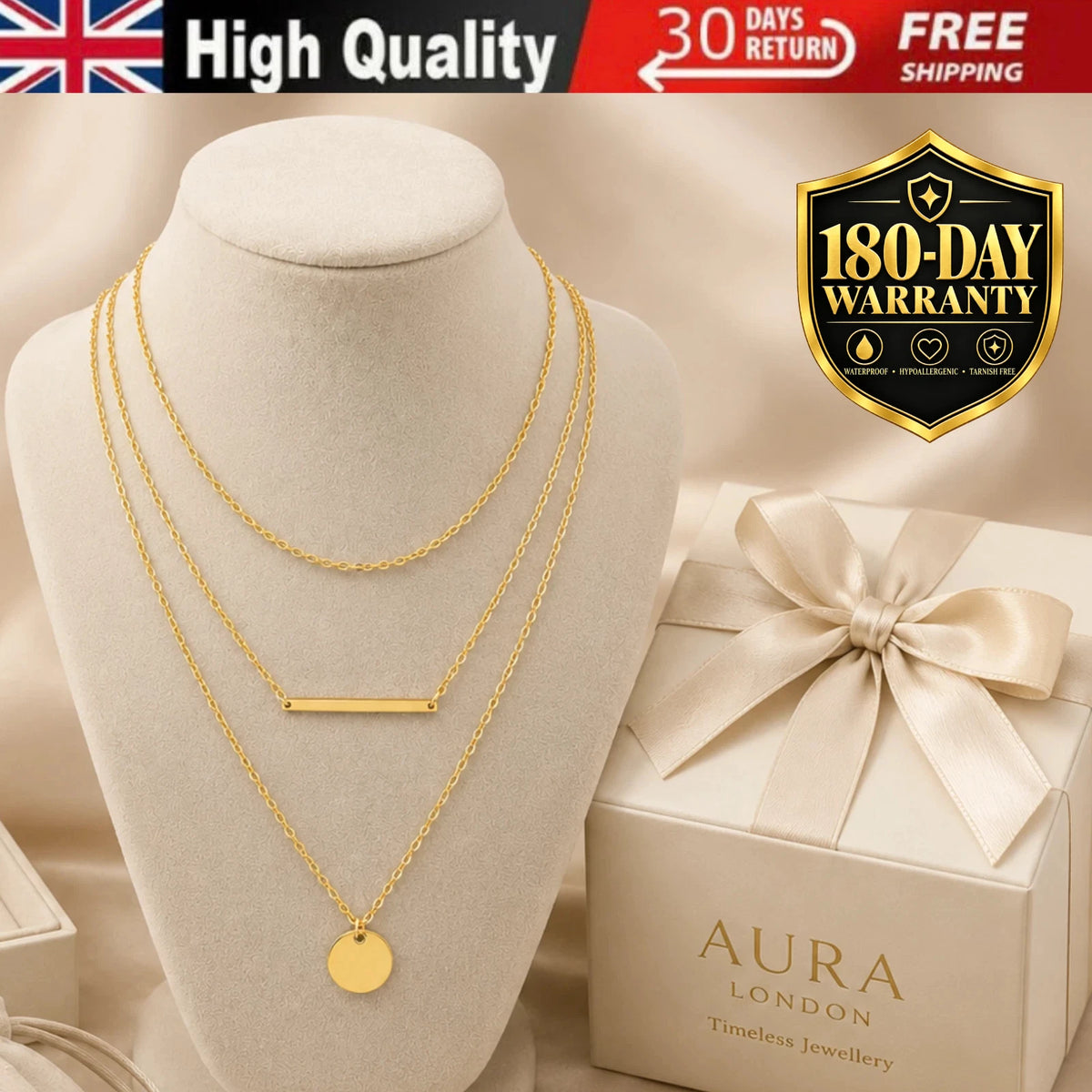 LADIES 18K GOLD PLATED PENDANT NECKLACE WATERPROOF HYPOALLERGENIC TARNISH FREE