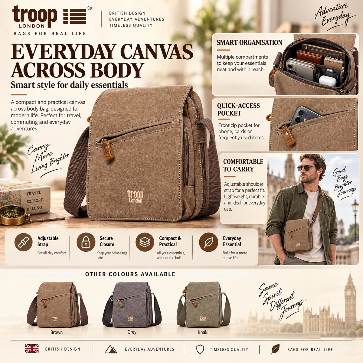 TROOP LONDON TRP0239 CLASSIC CANVAS CROSSBODY SHOULDER BAG UNISEX