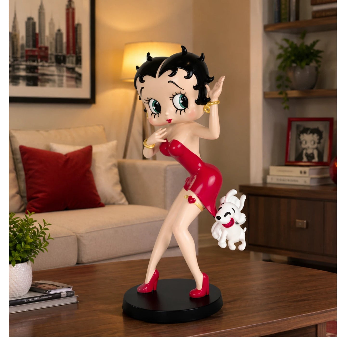 BETTY BOOP FIGURINE HOLDING DOG GARTER RED DRESS COLLECTIBLE 33CM FIGURE GIFT UK STOCK