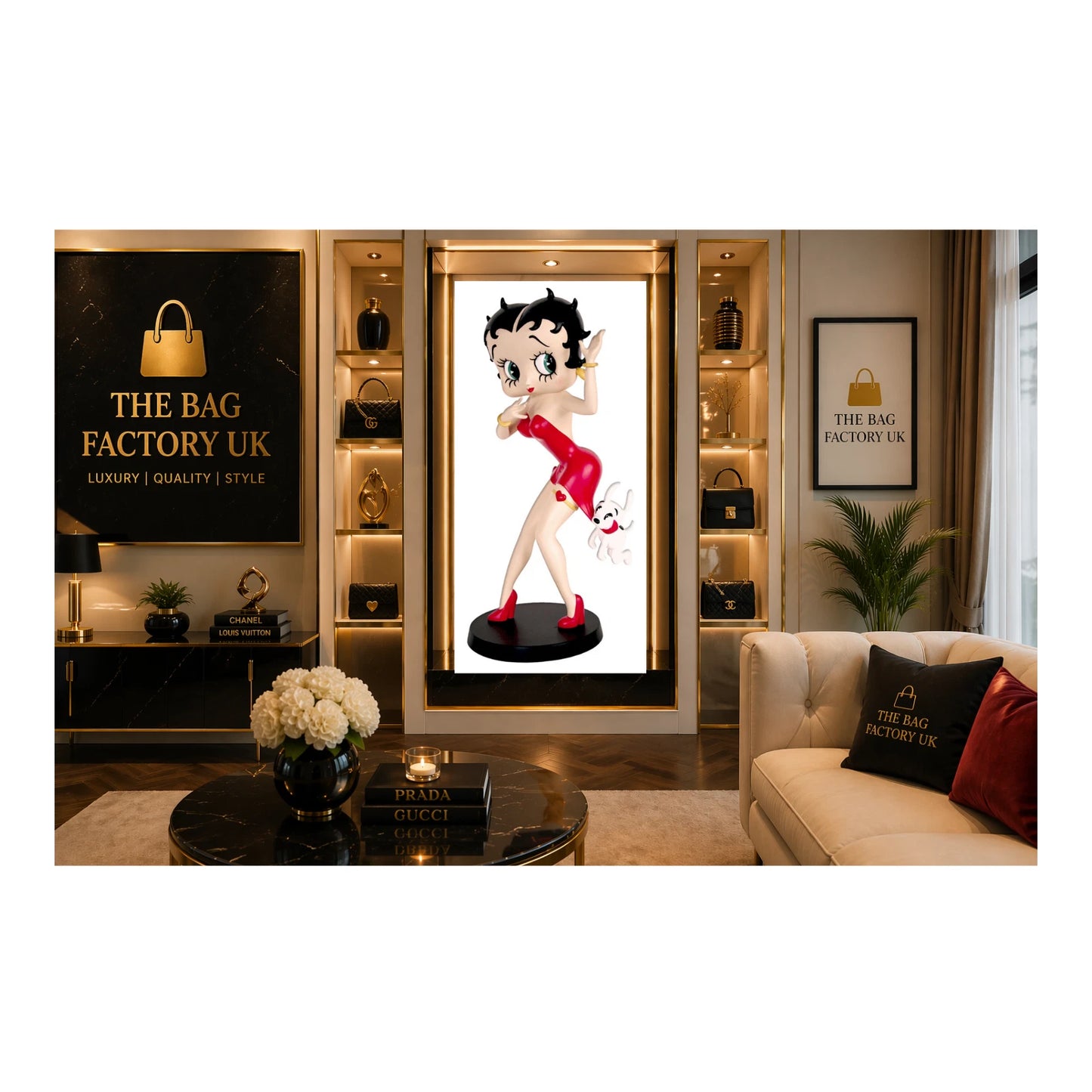 BETTY BOOP FIGURINE HOLDING DOG GARTER RED DRESS COLLECTIBLE 33CM FIGURE GIFT UK STOCK
