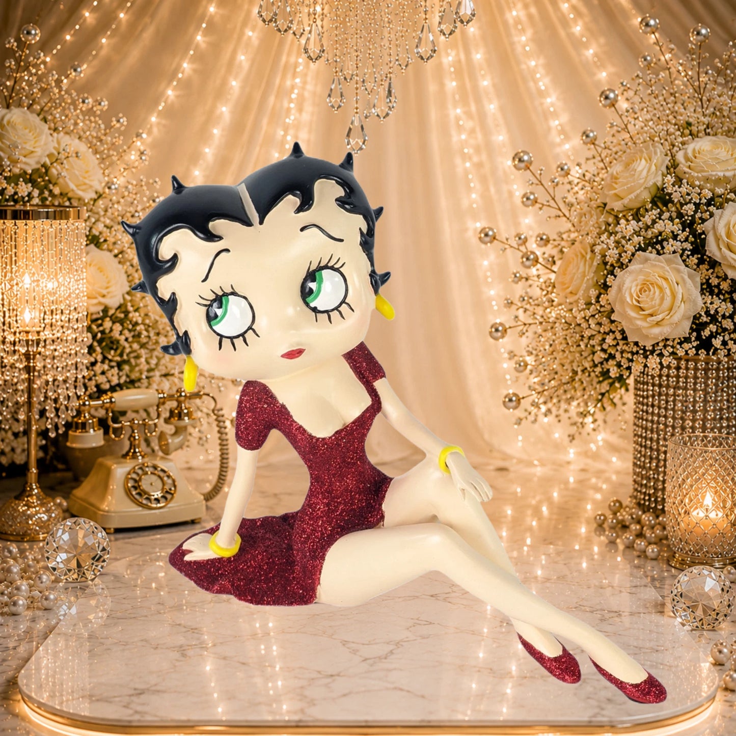 BETTY BOOP DEMURE RED GLITTER DRESS FIGURINE ORNAMENT COLLECTIBLE 21.5CM GIFT UK STOCK