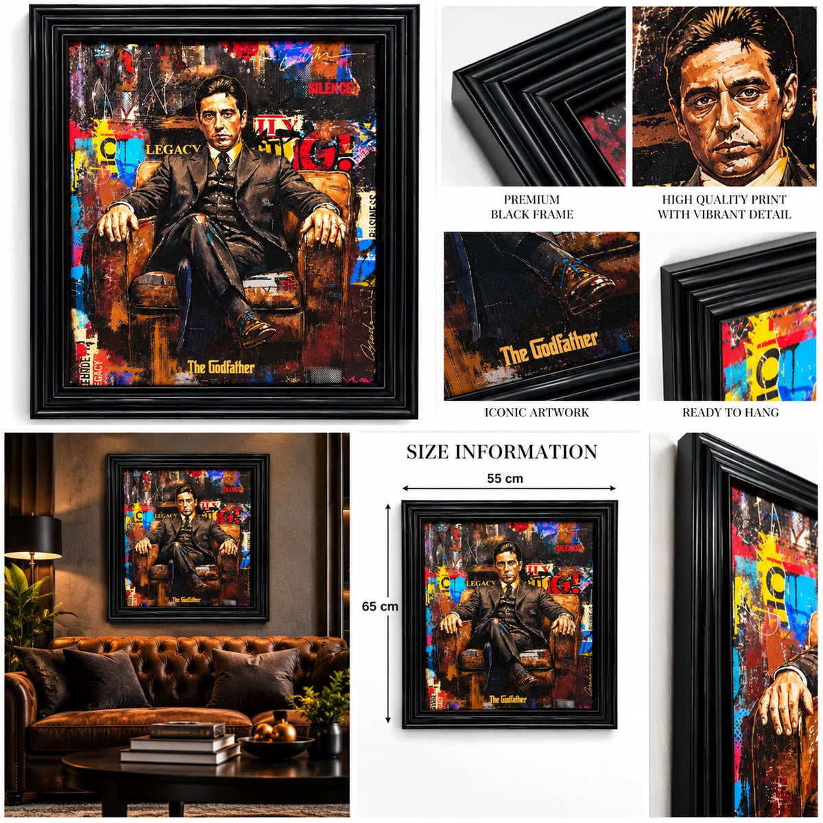 THE GODFATHER ALPACINO FRAMED LIQUID WALL ART PICTURE 65X55CM MOVIE CINEMA DECOR
