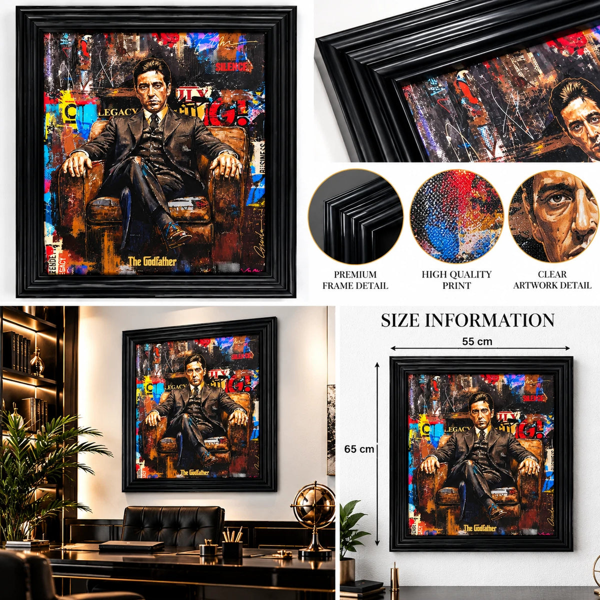 THE GODFATHER ALPACINO FRAMED LIQUID WALL ART PICTURE 65X55CM MOVIE CINEMA DECOR
