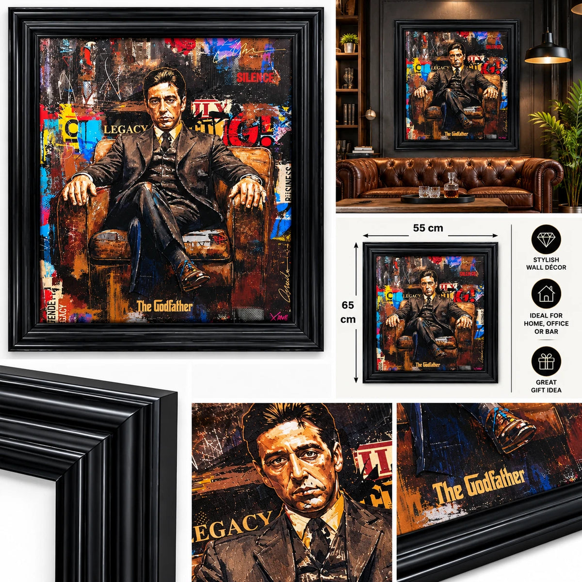 THE GODFATHER ALPACINO FRAMED LIQUID WALL ART PICTURE 65X55CM MOVIE CINEMA DECOR