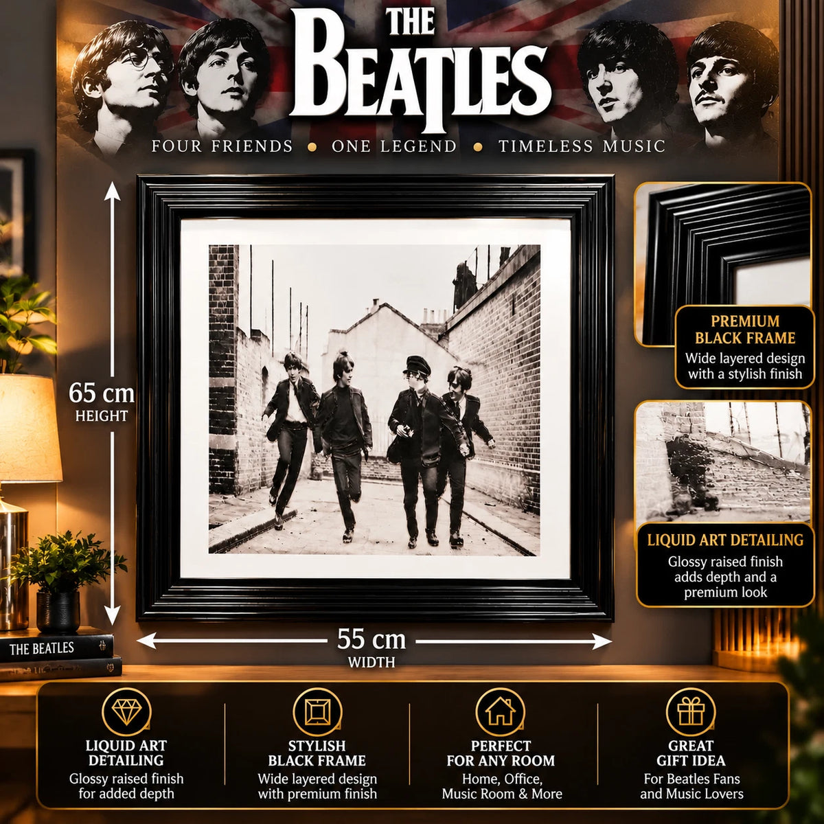 THE BEATLES FRAMED LIQUID WALL ART PICTURE 65X55CM BLACK WHITE MUSIC MEMORABILIA
