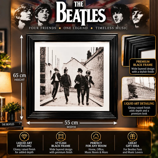 THE BEATLES FRAMED LIQUID WALL ART PICTURE 65X55CM BLACK WHITE MUSIC MEMORABILIA