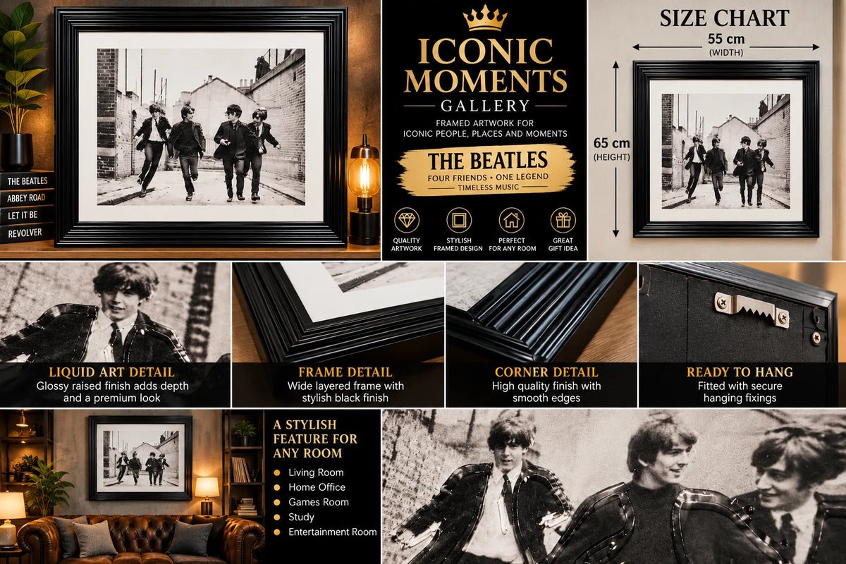 THE BEATLES FRAMED LIQUID WALL ART PICTURE 65X55CM BLACK WHITE MUSIC MEMORABILIA