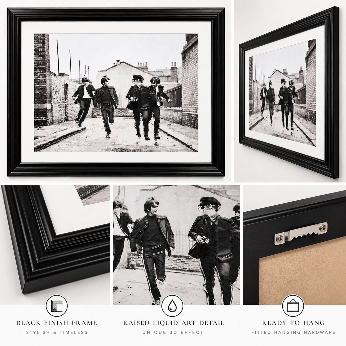THE BEATLES FRAMED LIQUID WALL ART PICTURE 65X55CM BLACK WHITE MUSIC MEMORABILIA