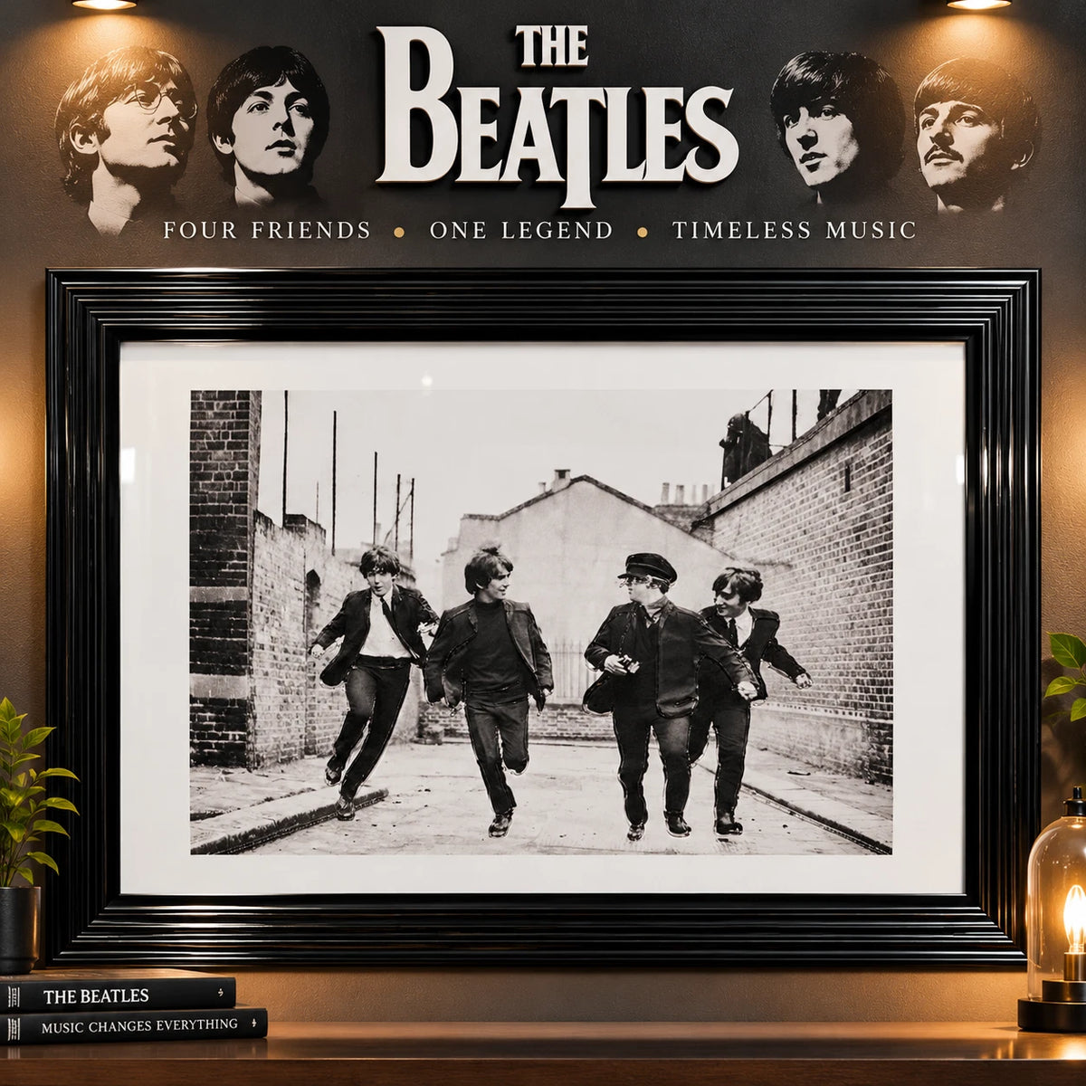 THE BEATLES FRAMED LIQUID WALL ART PICTURE 65X55CM BLACK WHITE MUSIC MEMORABILIA