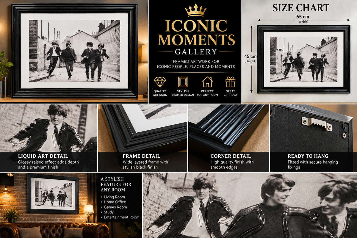 THE BEATLES FRAMED LIQUID WALL ART PICTURE 65X55CM BLACK WHITE MUSIC MEMORABILIA
