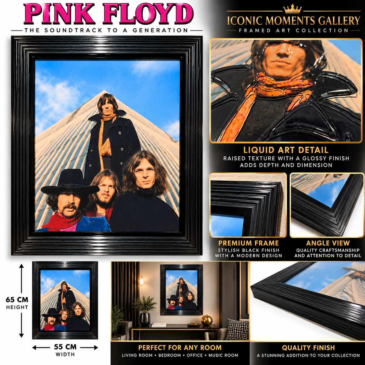 PINK FLOYD 3D LIQUID ART FRAMED PICTURE 65X55CM ROCK BAND MUSIC WALL DECOR GIFT