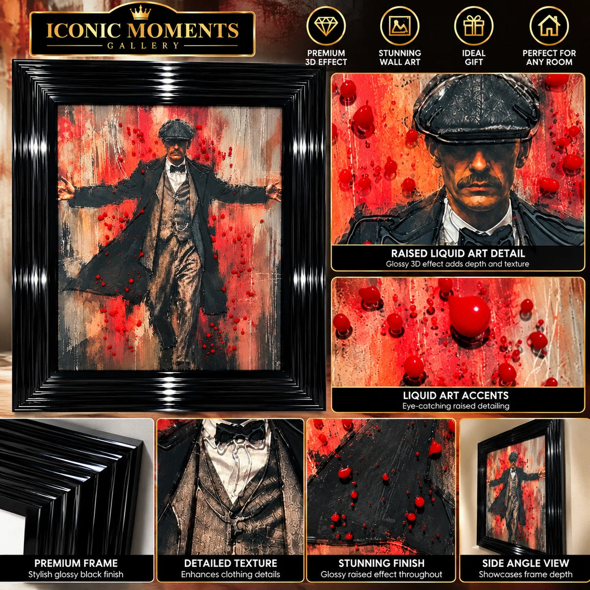 PEAKY BLINDERS THOMAS SHELBY 3D LIQUID ART FRAMED PICTURE 65X55CM BLACK FRAME UK