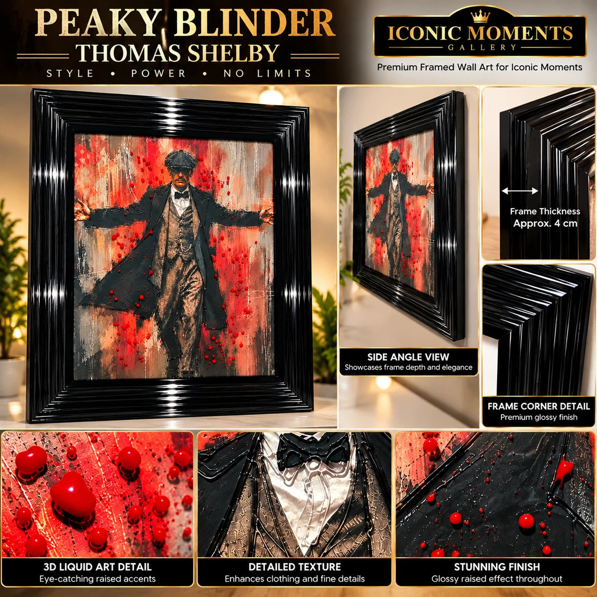 PEAKY BLINDERS THOMAS SHELBY 3D LIQUID ART FRAMED PICTURE 65X55CM BLACK FRAME UK