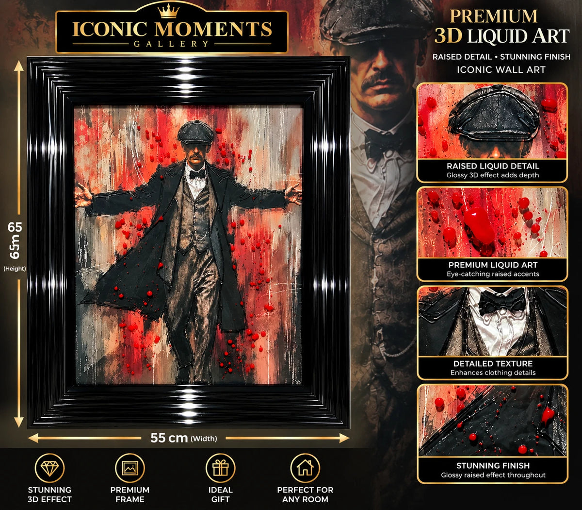 PEAKY BLINDERS THOMAS SHELBY 3D LIQUID ART FRAMED PICTURE 65X55CM BLACK FRAME UK