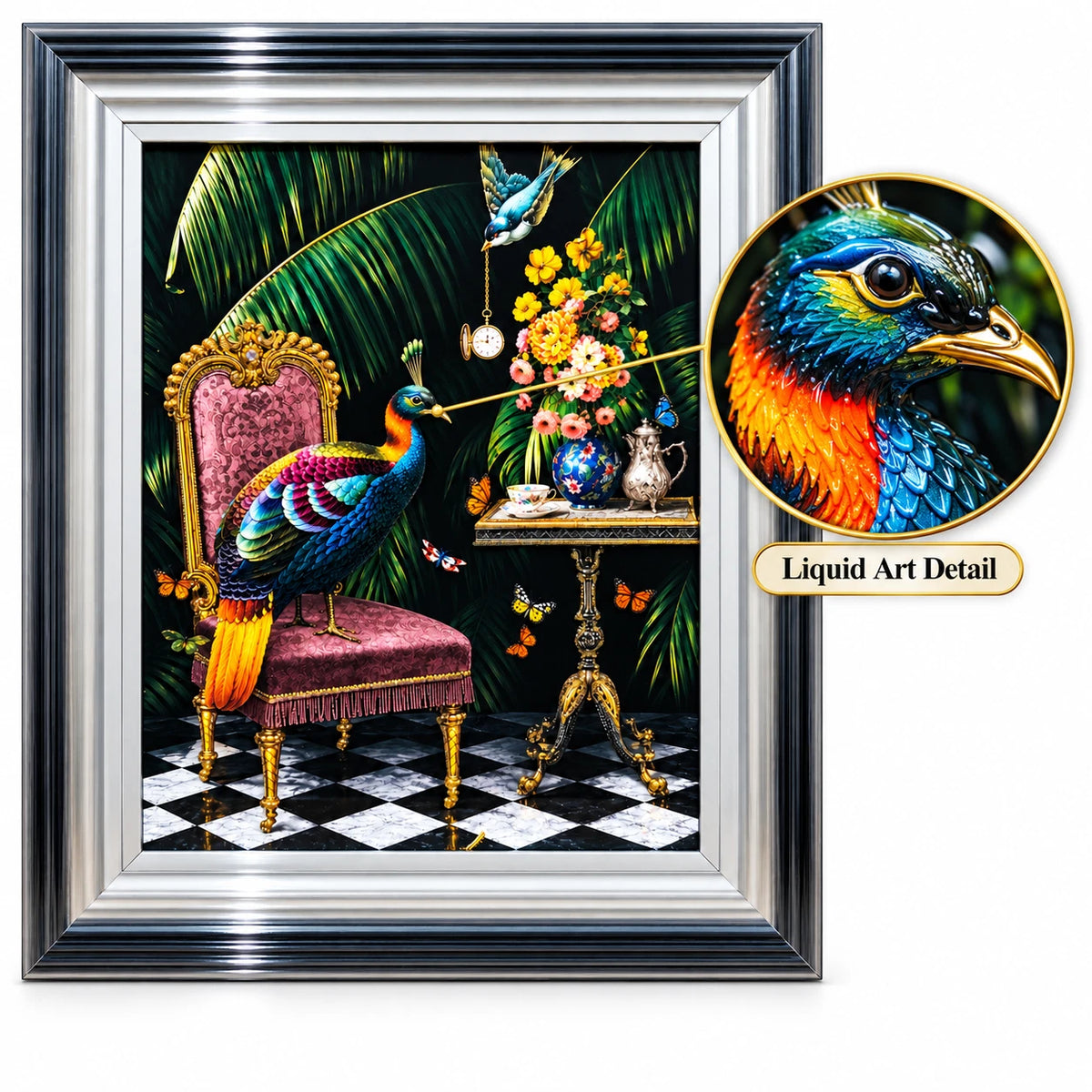 PEACOCK 3D LIQUID ART FRAMED WALL PICTURE 65X55CM TROPICAL BIRD HOME DECOR GIFT