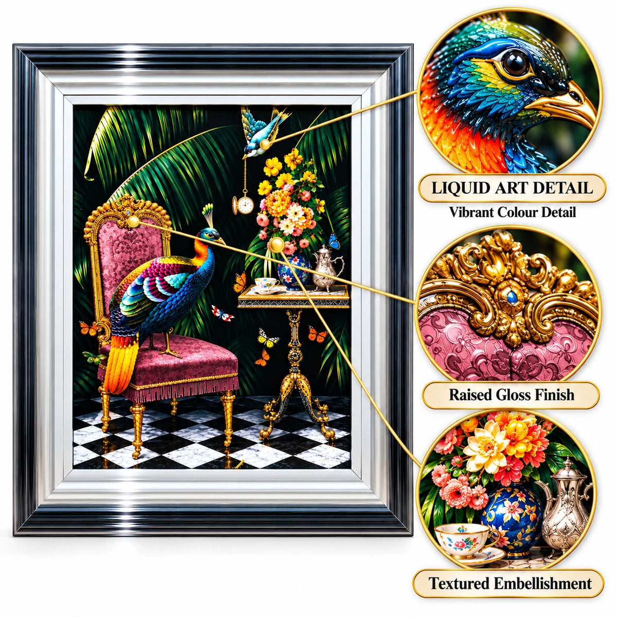 PEACOCK 3D LIQUID ART FRAMED WALL PICTURE 65X55CM TROPICAL BIRD HOME DECOR GIFT