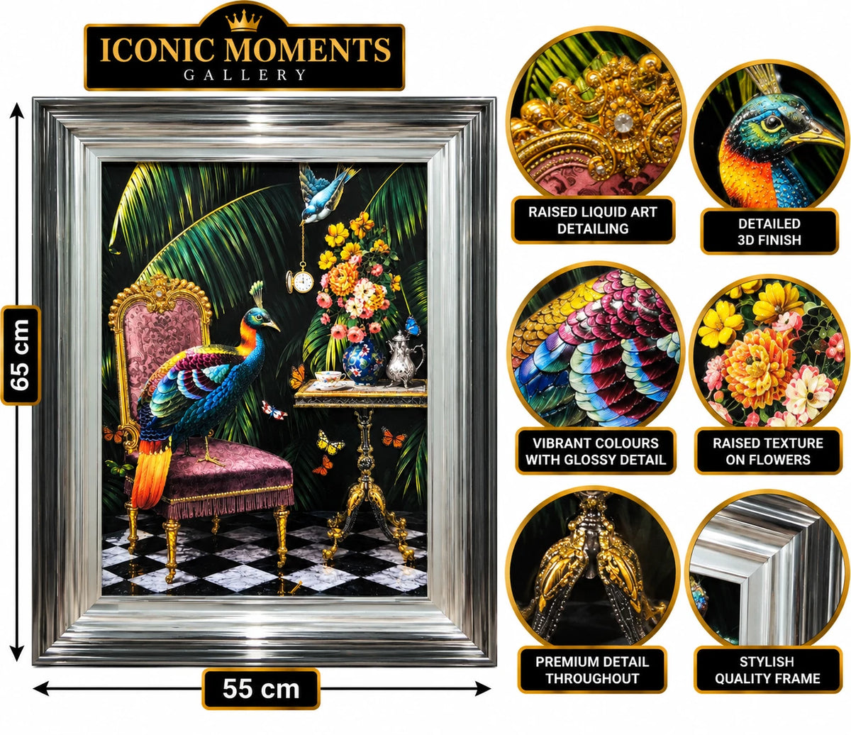 PEACOCK 3D LIQUID ART FRAMED WALL PICTURE 65X55CM TROPICAL BIRD HOME DECOR GIFT