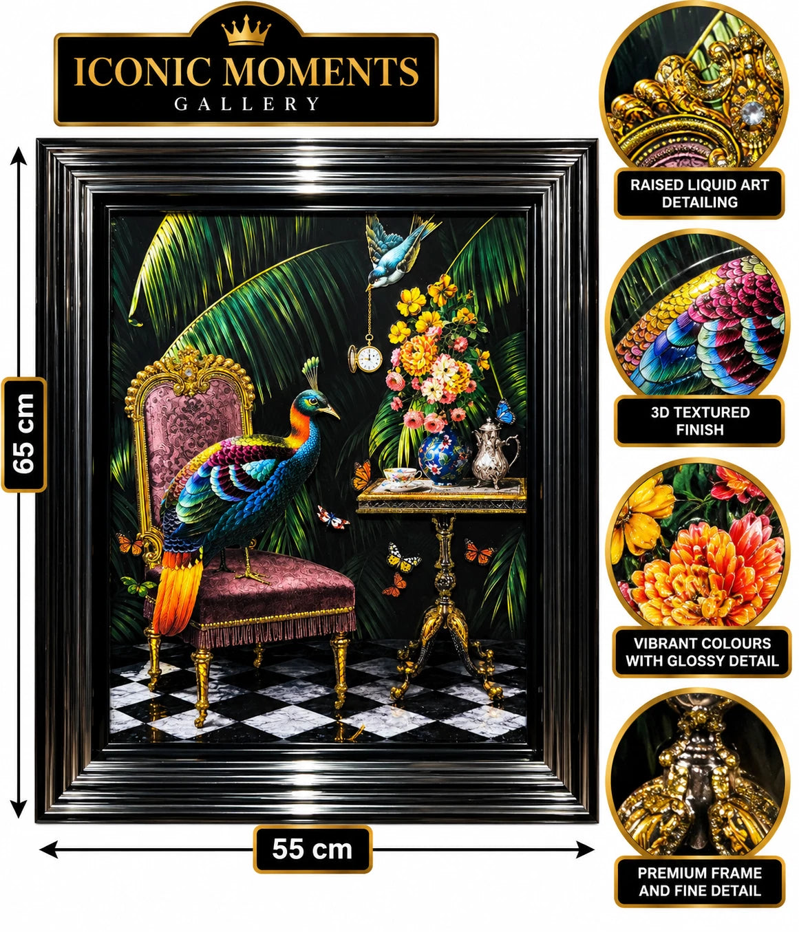 PEACOCK 3D LIQUID ART FRAMED WALL PICTURE 65X55CM TROPICAL BIRD HOME DECOR GIFT