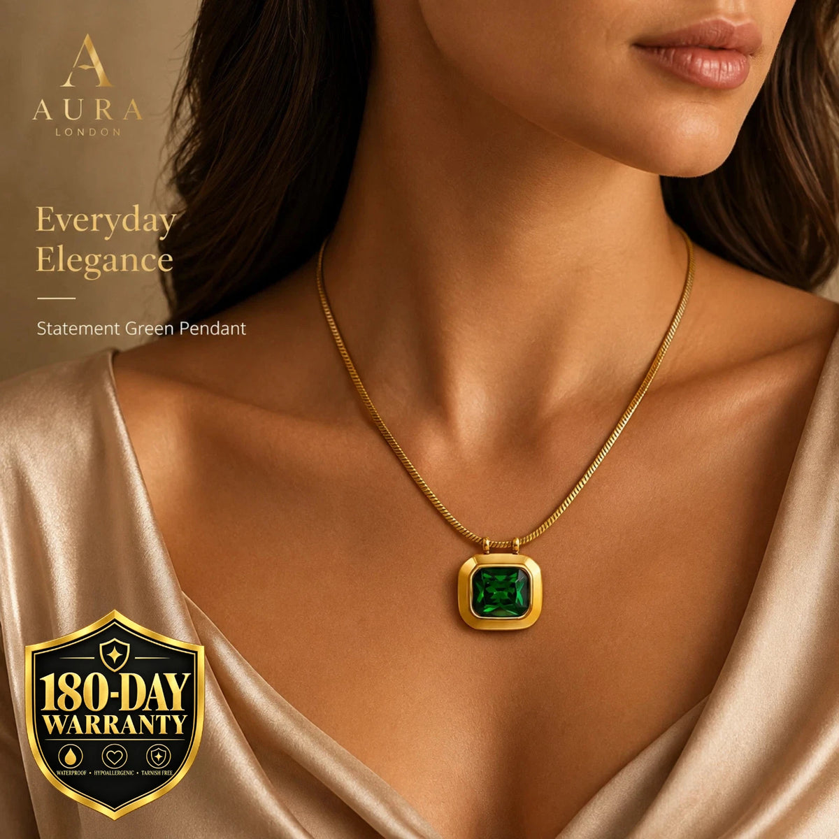 18K GOLD PLATED TITANIUM STEEL GREEN CZ PENDANT NECKLACE WATERPROOF LADIES GIFT