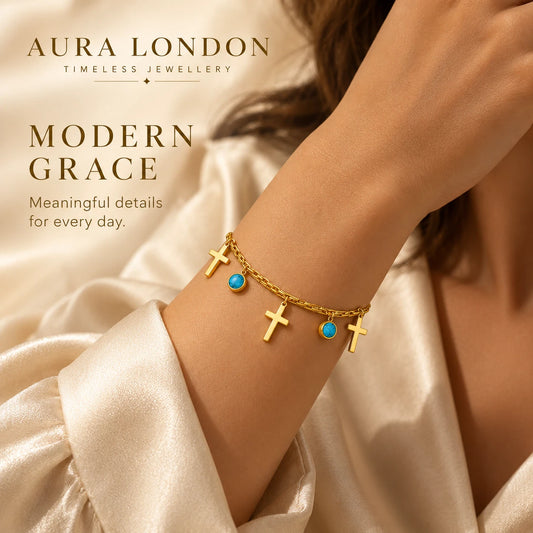 New 18K Gold Plated Titanium Steel Cross Charm Bracelet Turquoise Layered Gift