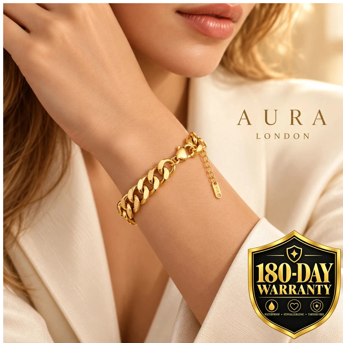 18K GOLD PLATED TITANIUM STEEL CHUNKY CURB CHAIN BRACELET WATERPROOF LADIES GIFT