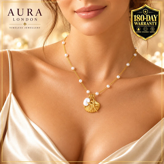 18K GOLD PLATED TITANIUM STEEL LADIES PEARL SHELL STARFISH NECKLACE WATERPROOF