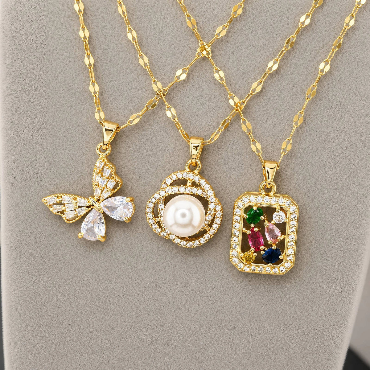 18K GOLD PLATED PEARL HALO CZ PENDANT NECKLACE TITANIUM STEEL ANTI TARNISH GIRLS