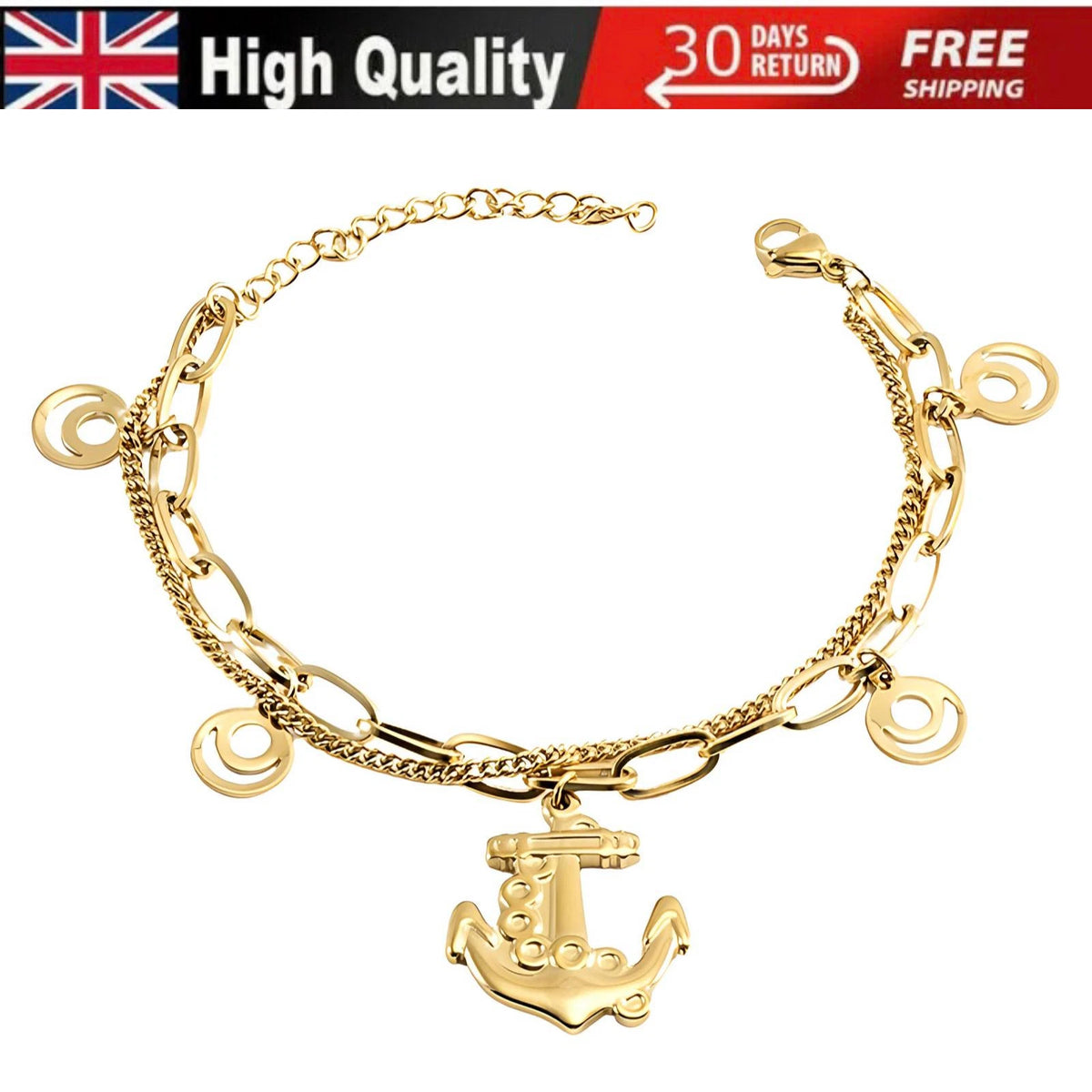 NEW 18K GOLD PLATED TITANIUM STEEL ANCHOR CHARM BRACELET WATERPROOF HER GIFT UK