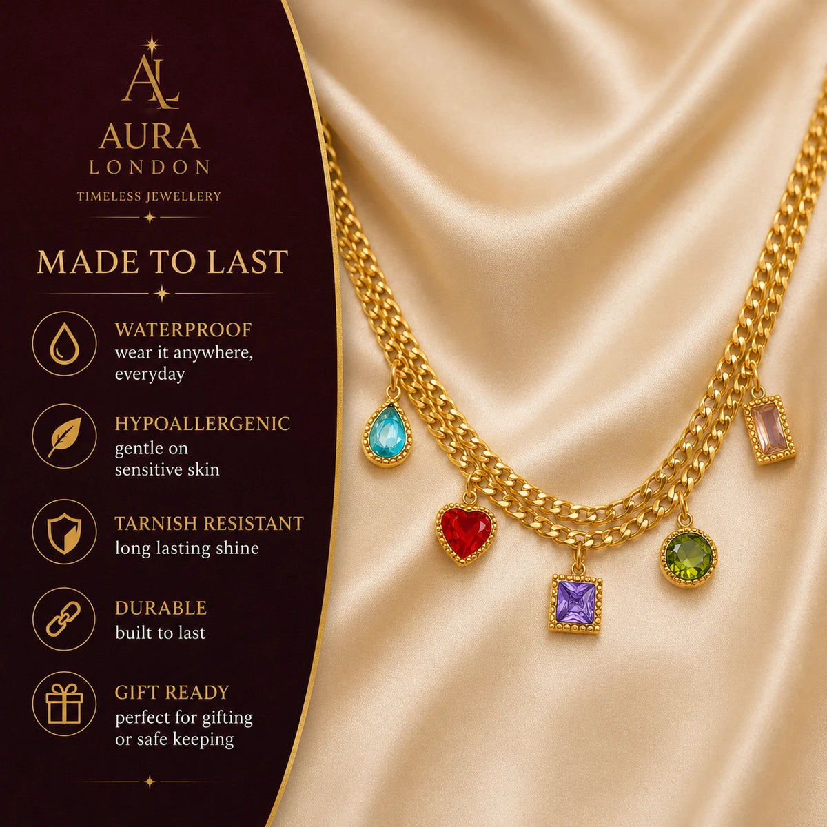 18K GOLD PLATED TITANIUM STEEL MULTICOLOUR CZ CHARM NECKLACE LADIES HER GIFT UK