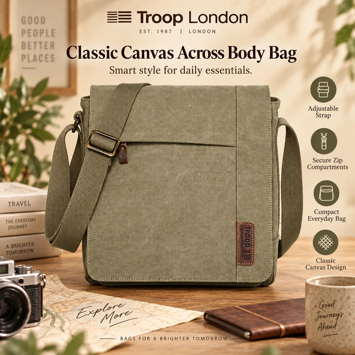 TROOP LONDON TRP0219 CLASSIC CANVAS CROSSBODY SHOULDER BAG KHAKI UNISEX