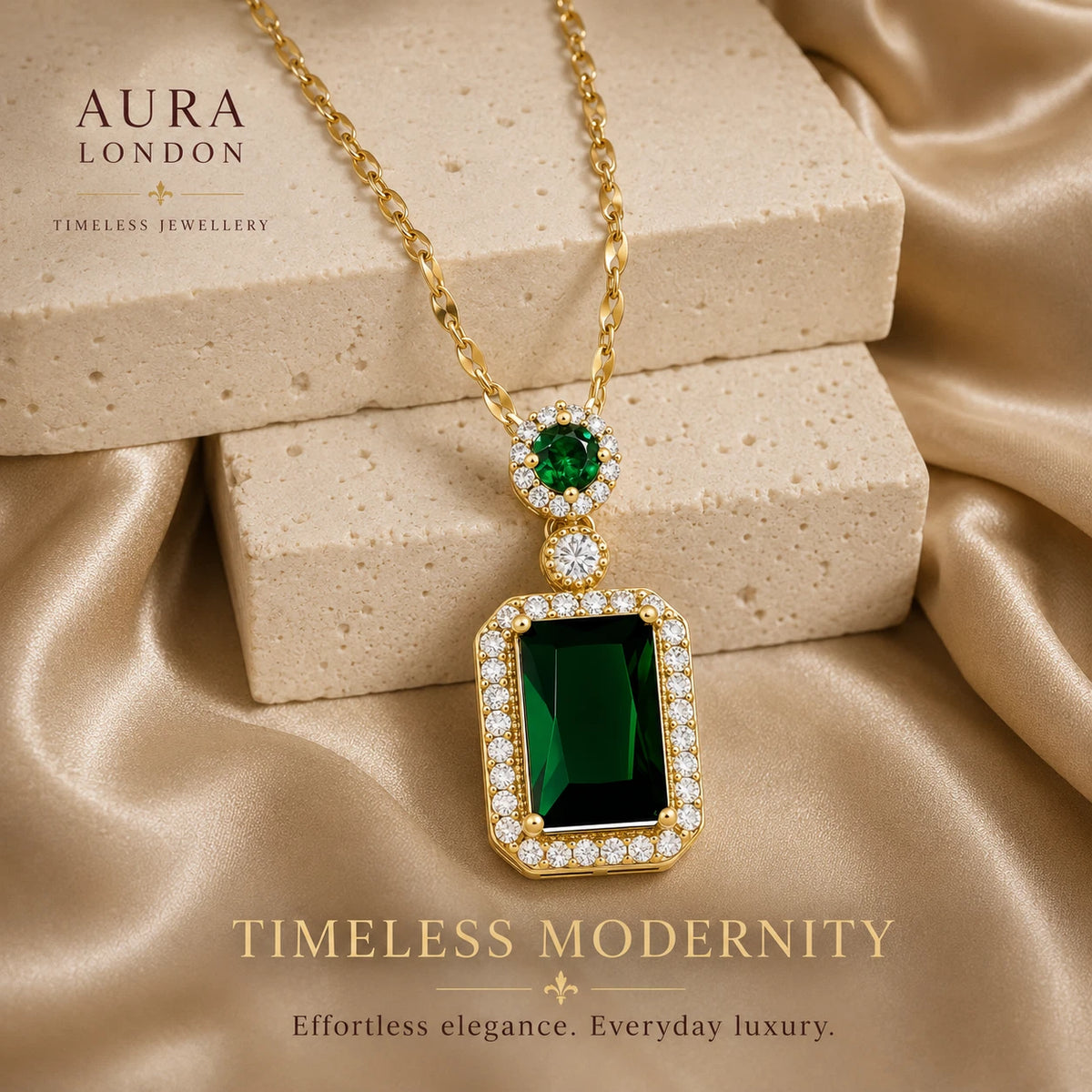 18K GOLD PLATED TITANIUM STEEL GREEN HALO CZ PENDANT NECKLACE LADIES WATERPROOF