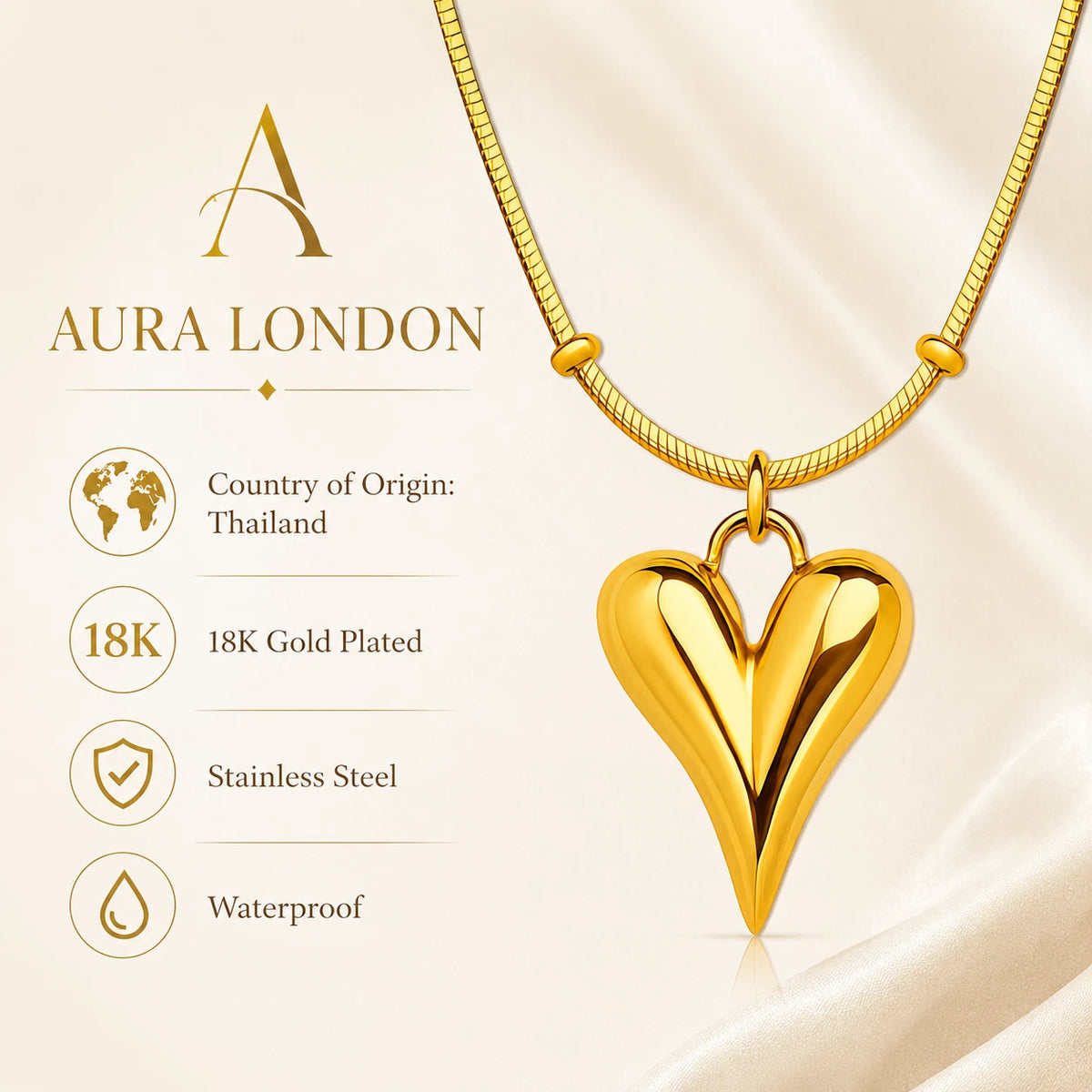 18K GOLD PLATED TITANIUM STEEL HEART NECKLACE PVD WATERPROOF GIFT GIRL HER UK