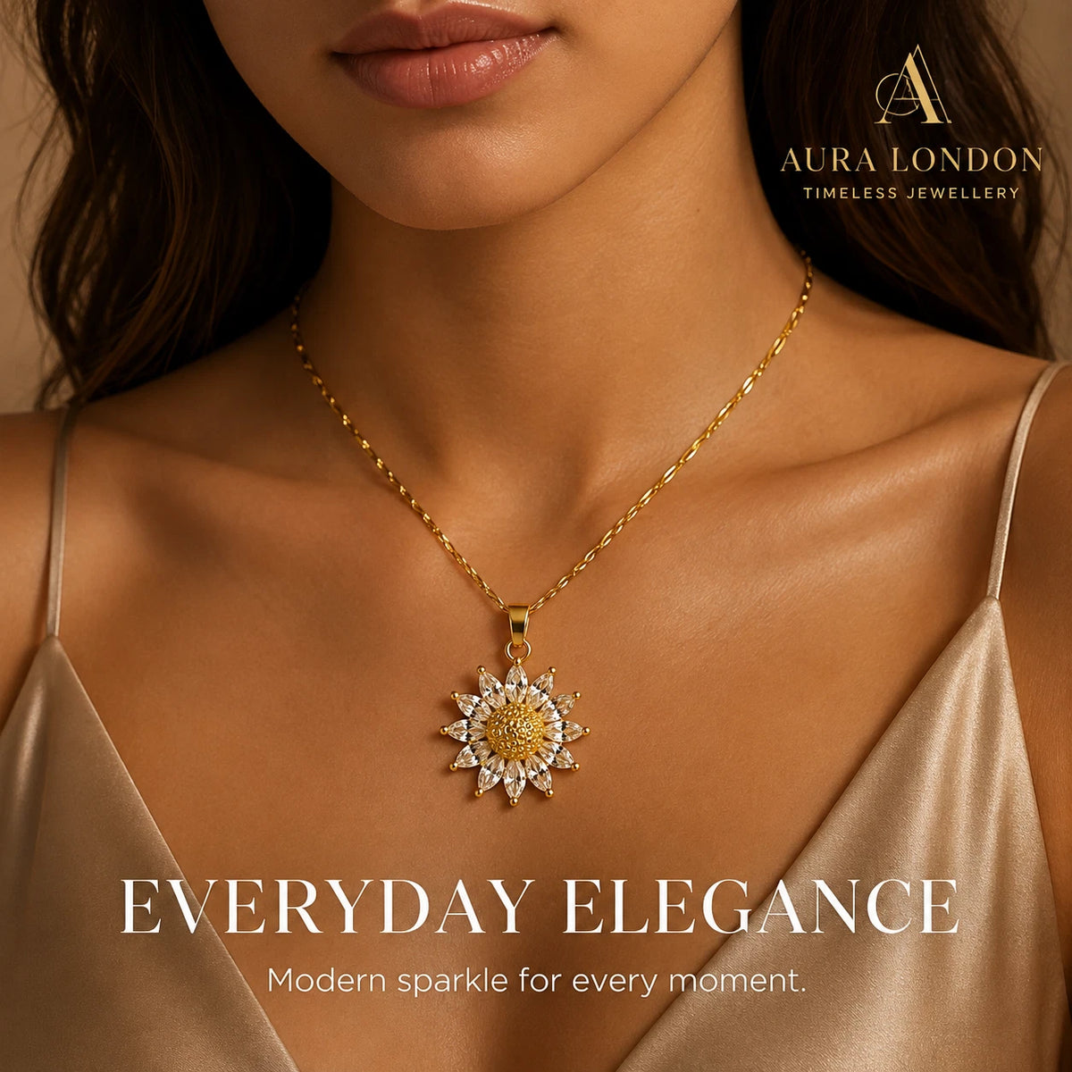 18K GOLD PLATED TITANIUM STEEL DAISY FLOWER CZ PENDANT NECKLACE WATERPROOF GIFT