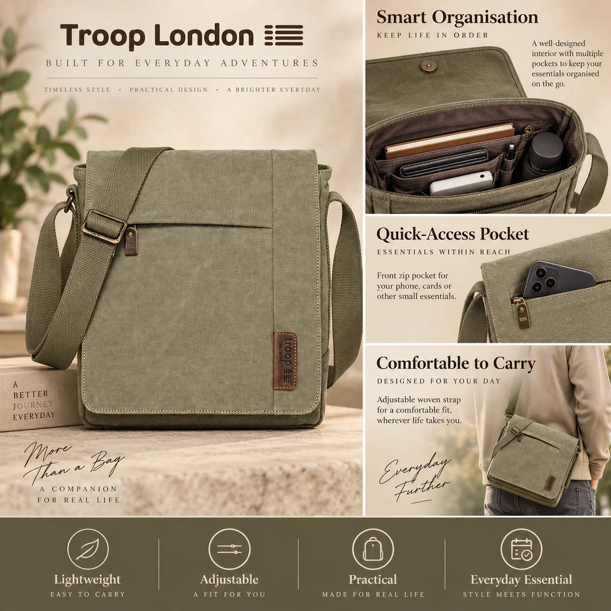 TROOP LONDON TRP0219 CLASSIC CANVAS CROSSBODY SHOULDER BAG KHAKI UNISEX