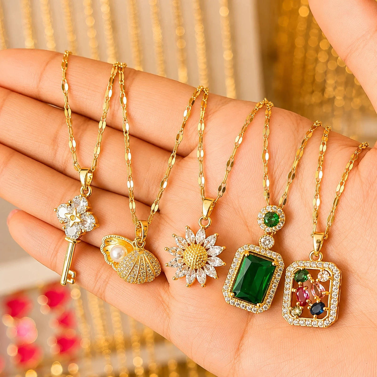 18K GOLD PLATED TITANIUM STEEL GREEN HALO CZ PENDANT NECKLACE LADIES WATERPROOF
