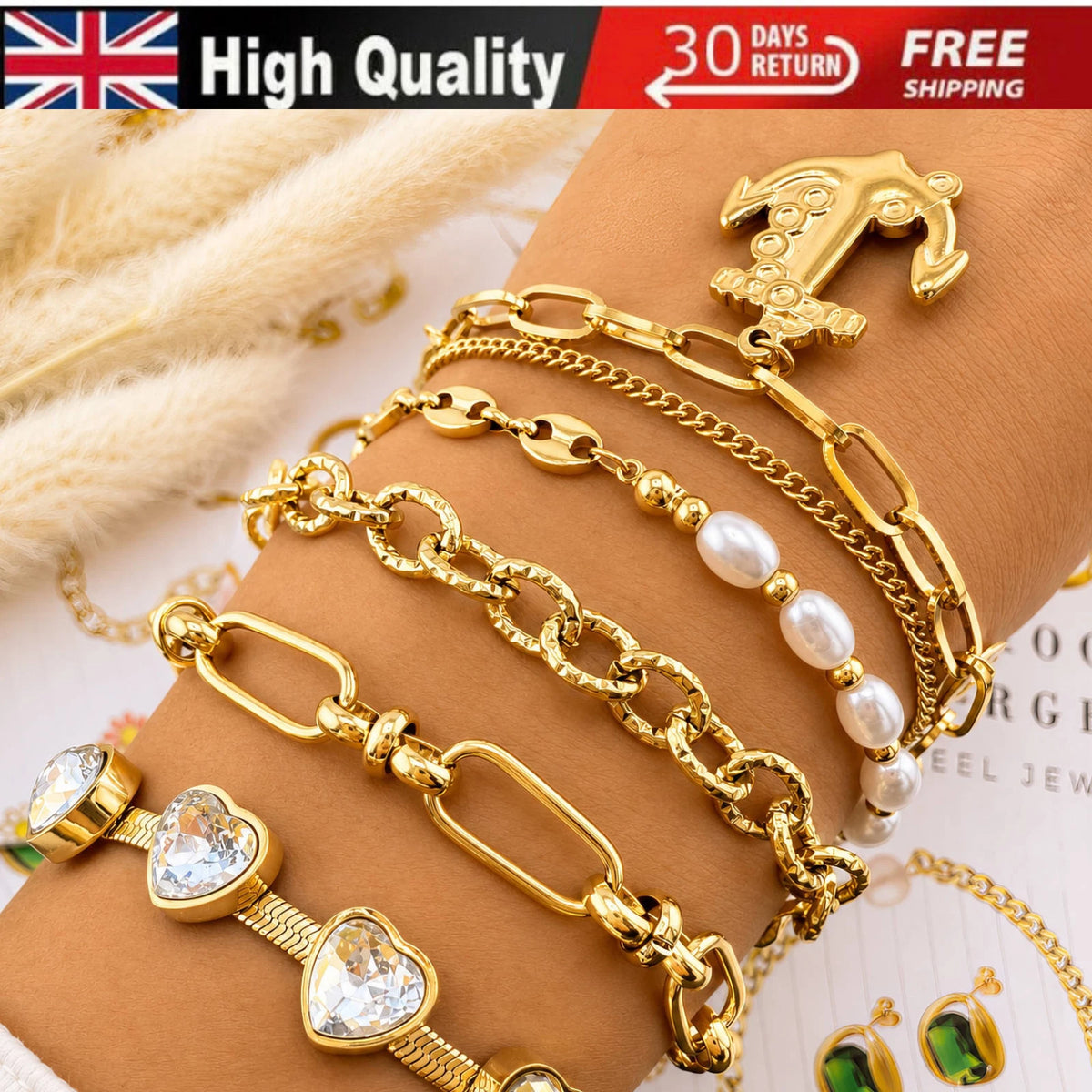 NEW 18K GOLD PLATED TITANIUM STEEL ANCHOR CHARM BRACELET WATERPROOF HER GIFT UK